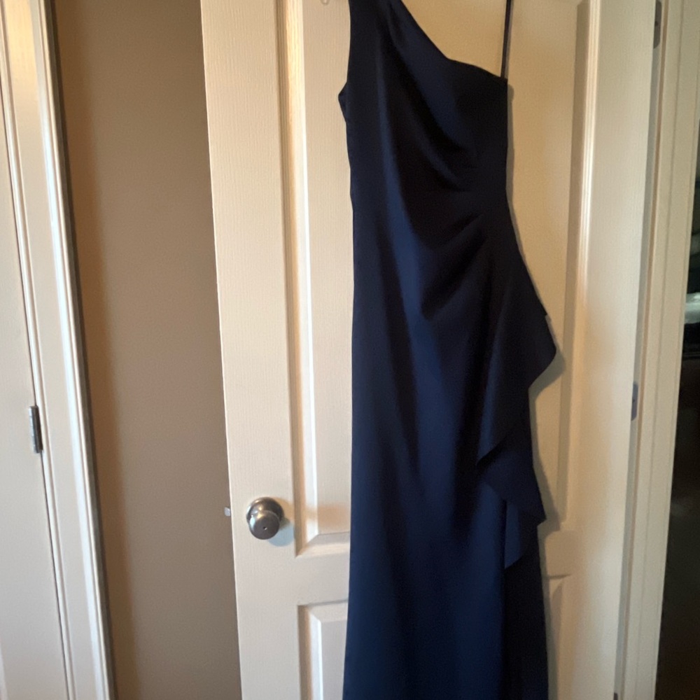 Xscape Asymmetrical Navy Blue One-Shoulder Evening Gown - Picture 2 of 6